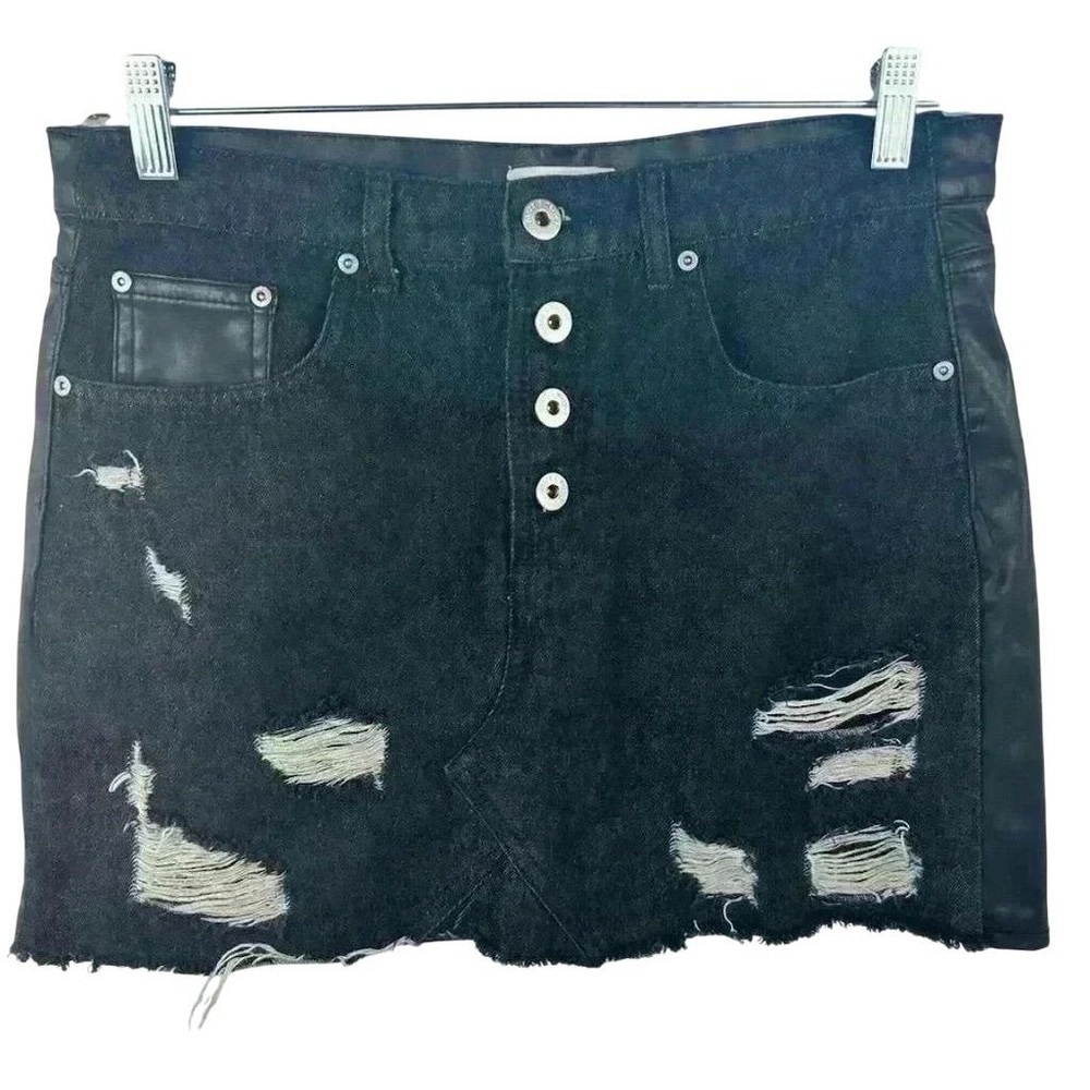 Dance & Marvel Women's‎ Distressed Black Denim faux leather Mini Skirt Size M - Picture 11 of 13